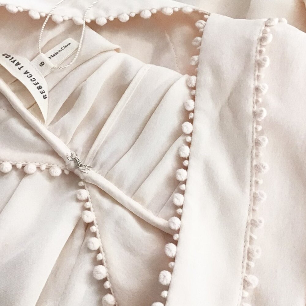 Rebecca Taylor - Pale Pink Short Sleeve Ruffled Silk Blouse w Embroidered Trim - Picture 9 of 13